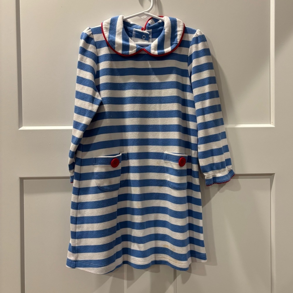 The Beaufort Bonnet Company light blue striped knit dress with red buttons